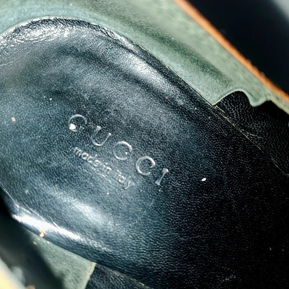 Authentic Gucci Brown Leather Pointed Toe Pumps With Gold Heel Accent, Size 9.5B - Picture 10 of 11